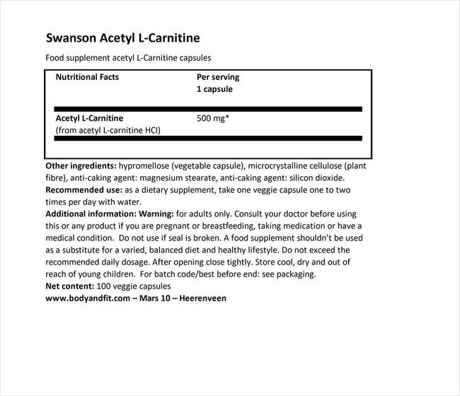 Acetyl L-Carnitine 500mg Nutritional Information 1
