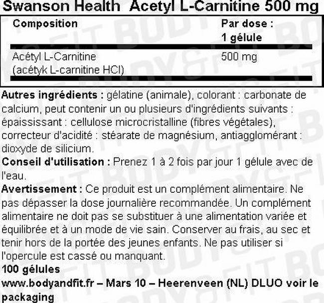 Gélules Acetyl L-Carnitine 500 mg Nutritional Information 1