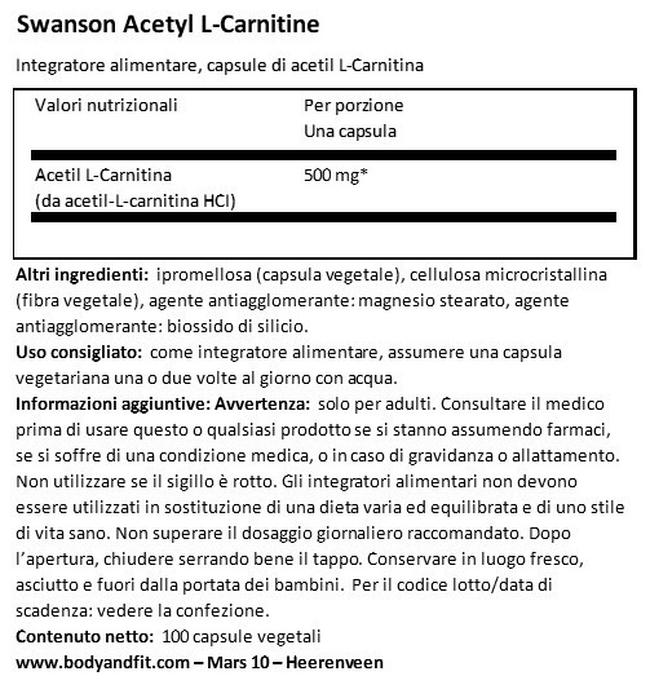 Acetyl L-Carnitine 500 mg Nutritional Information 1