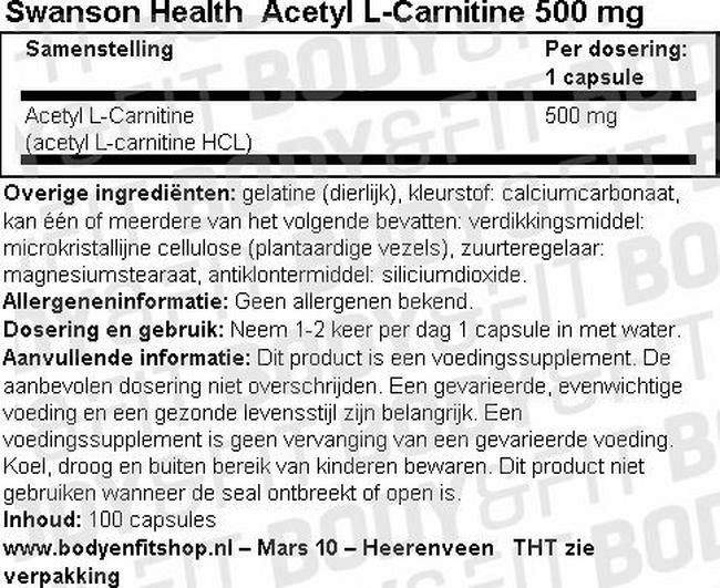 Acetyl L-Carnitine 500mg Nutritional Information 1