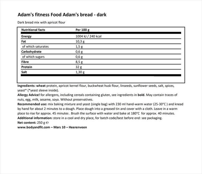 アダムズ ハイプロテイン ブレッド Nutritional Information 1