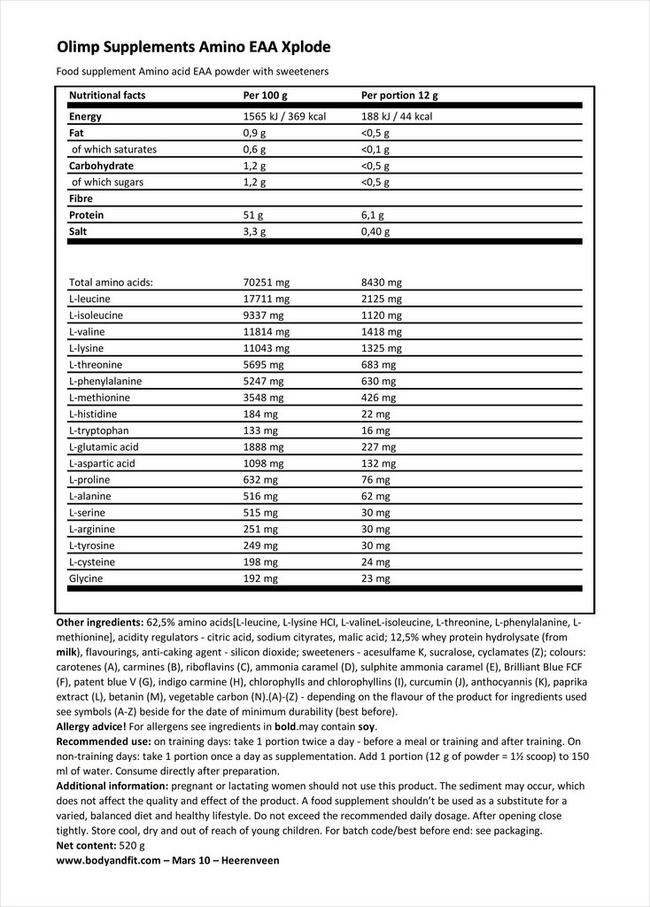 Amino EAAnabol Xplode Nutritional Information 1