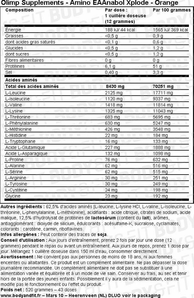 Poudre Amino EAAnabol Xplode Nutritional Information 1