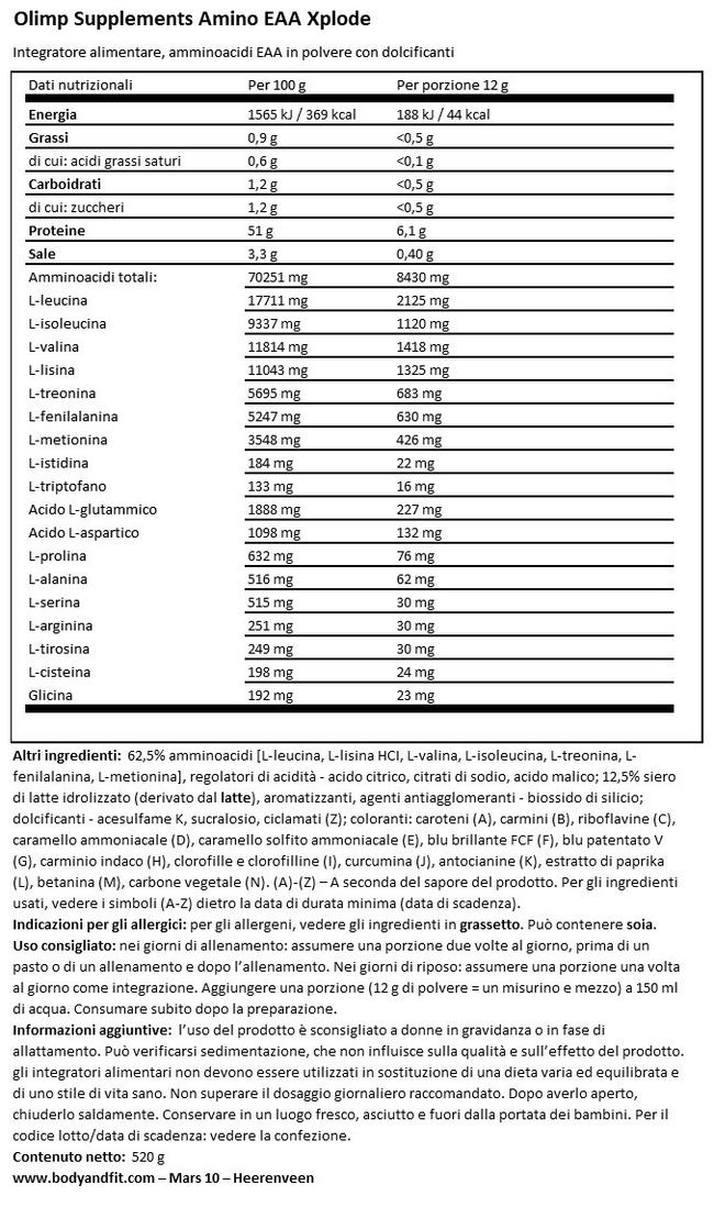Amino EAAnabol Xplode Nutritional Information 1