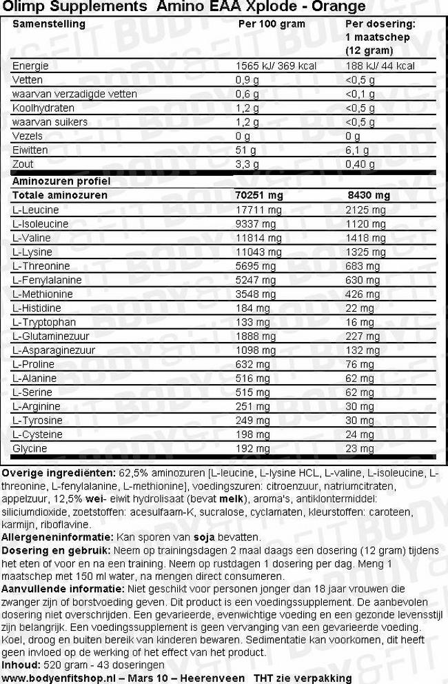 Amino EAA Xplode Nutritional Information 1