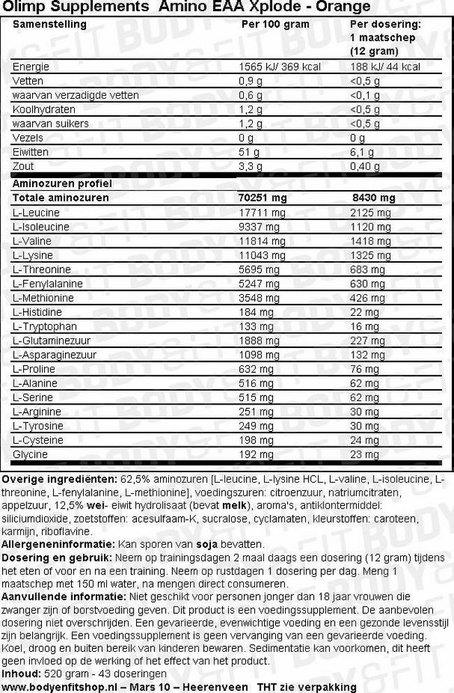 Amino EAA Xplode Nutritional Information 1