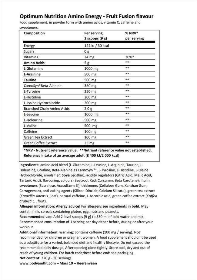 ESSENTIAL AMIN.O. ENERGY Nutritional Information 1