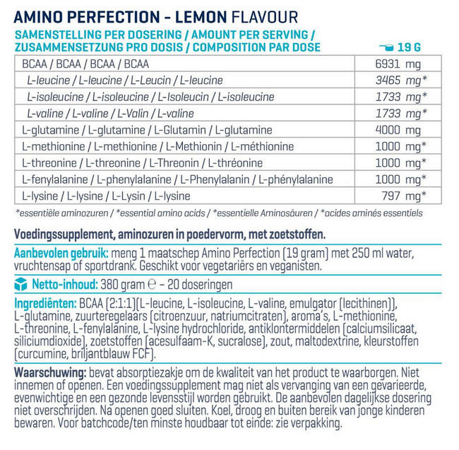 Amino Perfection (BCAA, EAA en Glutamine) Nutritional Information 1