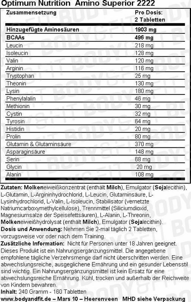 Superior Amino Nutritional Information 1