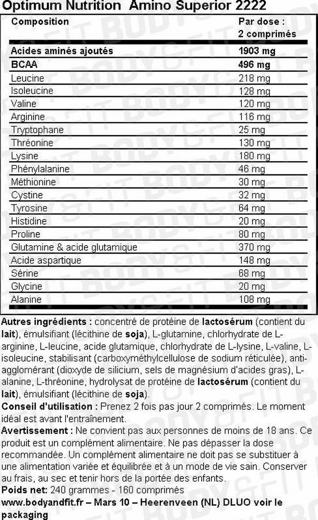 Comprimés d’acides aminés Amino Superior 2222 Nutritional Information 1