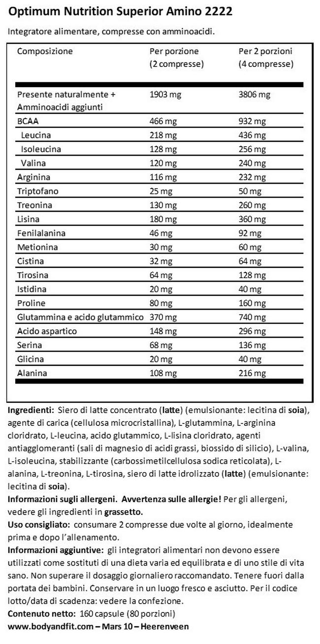 Amino Superior 2222 Nutritional Information 1