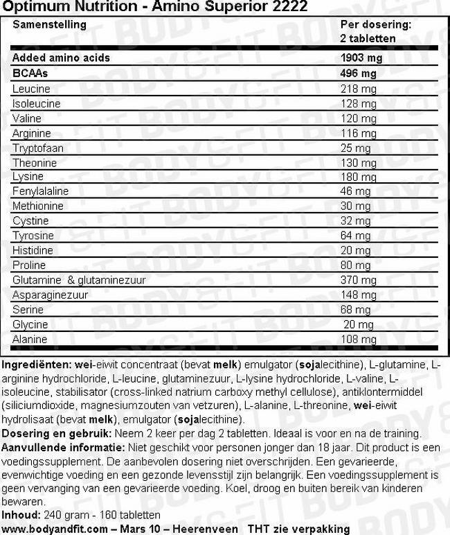 Amino Superior 2222 Nutritional Information 1