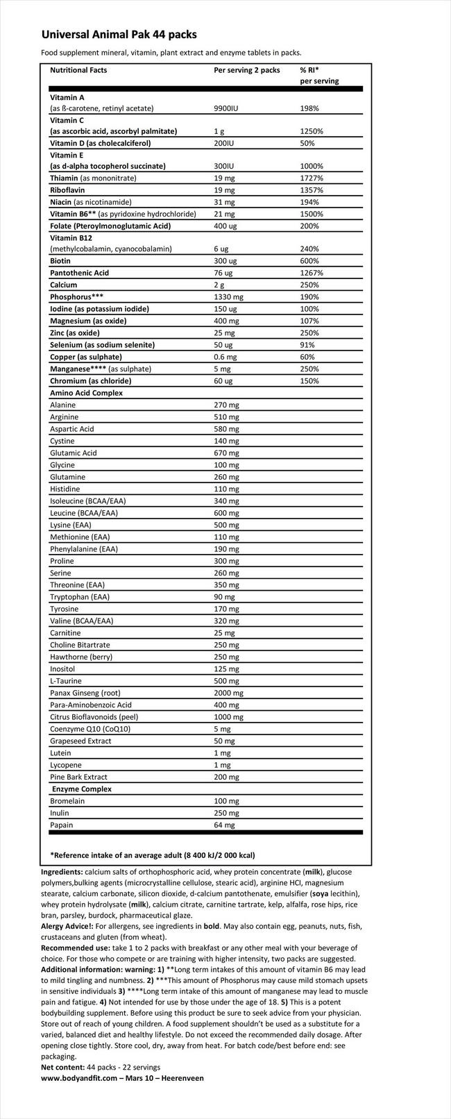 Animal Pak Nutritional Information 1