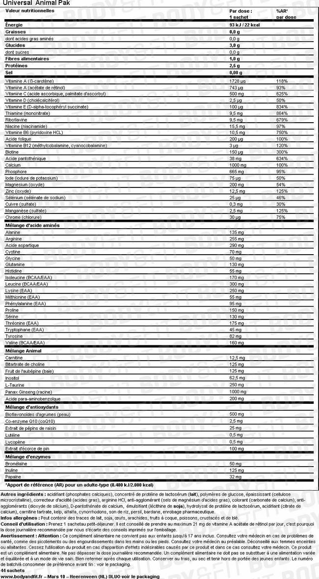 Complément Animal Pak Nutritional Information 1