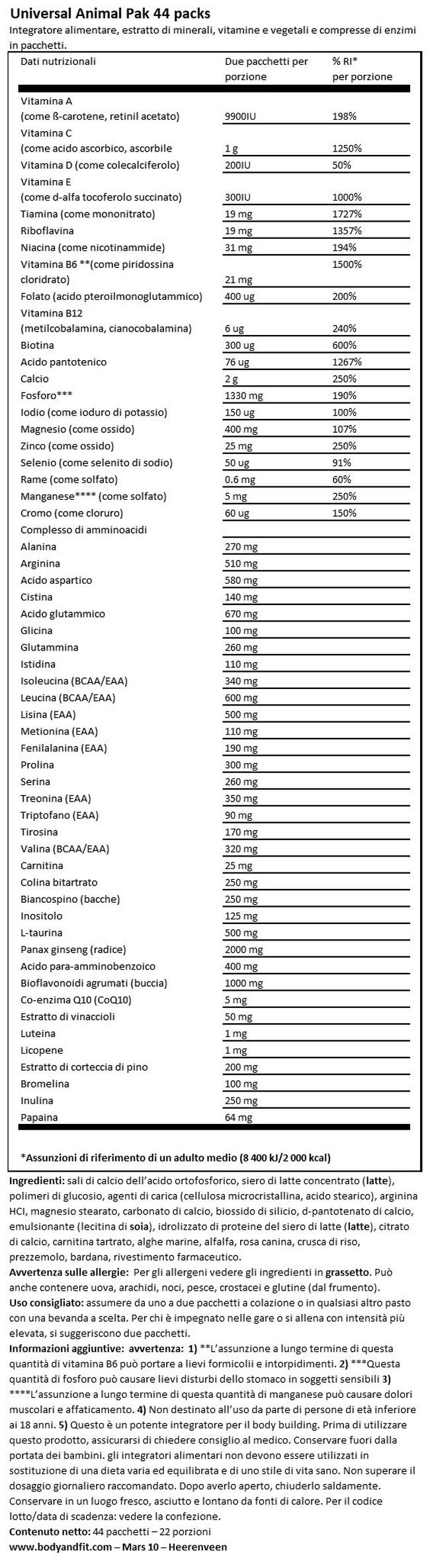 Animal Pak Nutritional Information 1