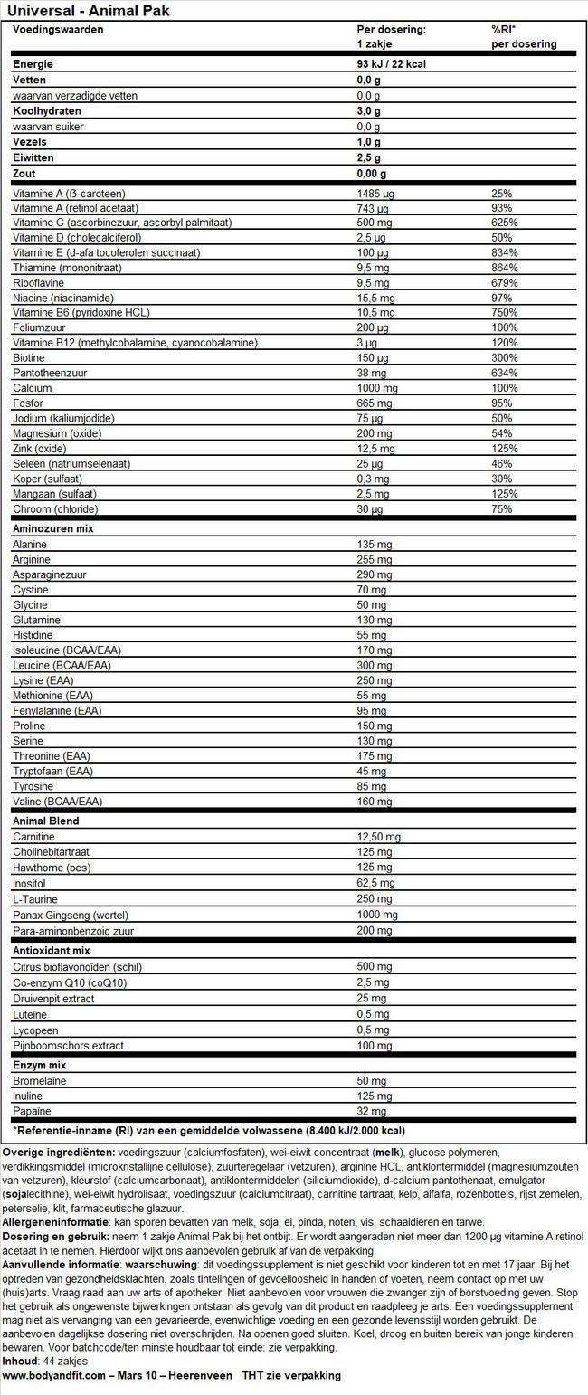 Animal Pak Nutritional Information 1