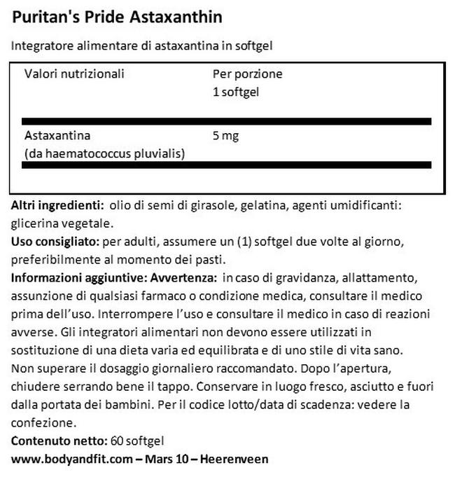Astaxanthin 5 mg Nutritional Information 1