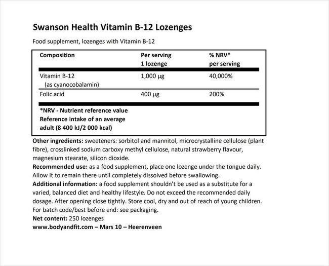 B12 Lozenges 1000µg Nutritional Information 1