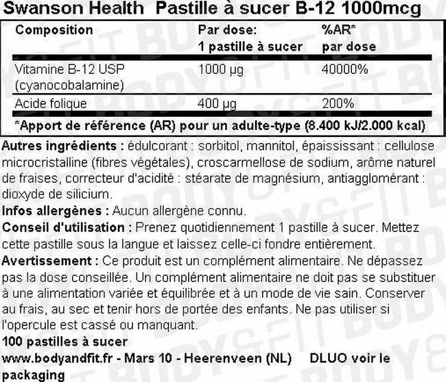 B-12 Pastilles à sucer 1000mcg Nutritional Information 1