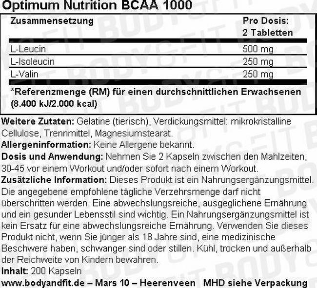 BCAA 1000 Nutritional Information 1