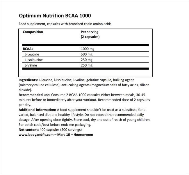 BCAA 1000 Nutritional Information 1