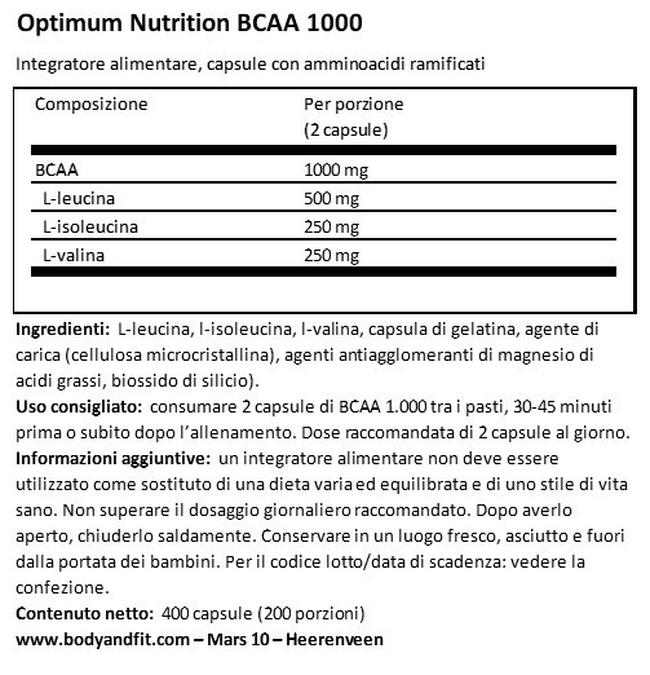 BCAA 1000 Nutritional Information 1