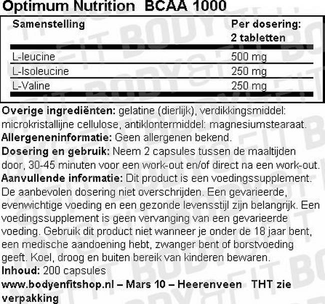 BCAA 1000 Nutritional Information 1