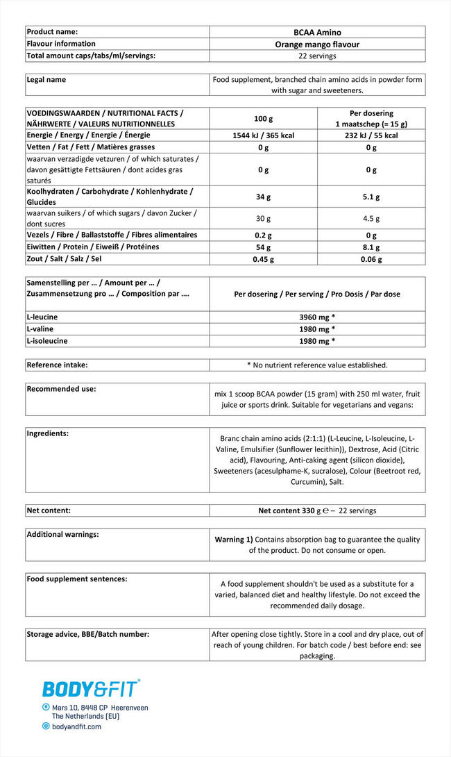 BCAA Amino  Nutritional Information 1
