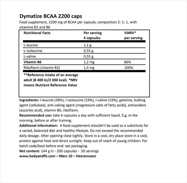 BCAA 2200キャップ Nutritional Information 1