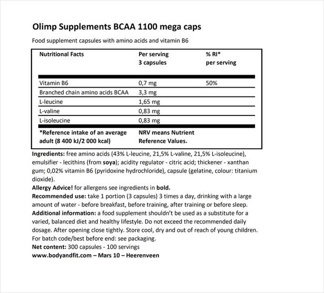 BCAA Mega Caps Nutritional Information 1