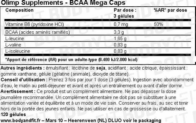BCAA Mega Caps Nutritional Information 1