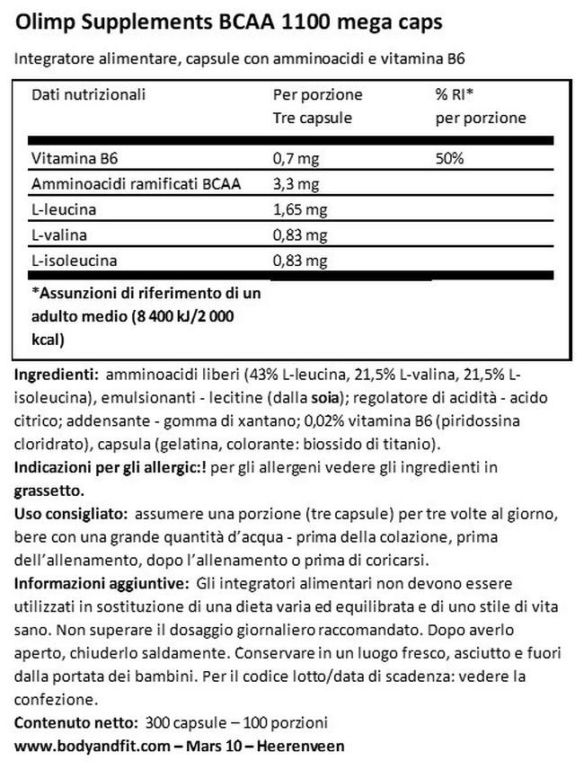 BCAA Mega Caps Nutritional Information 1