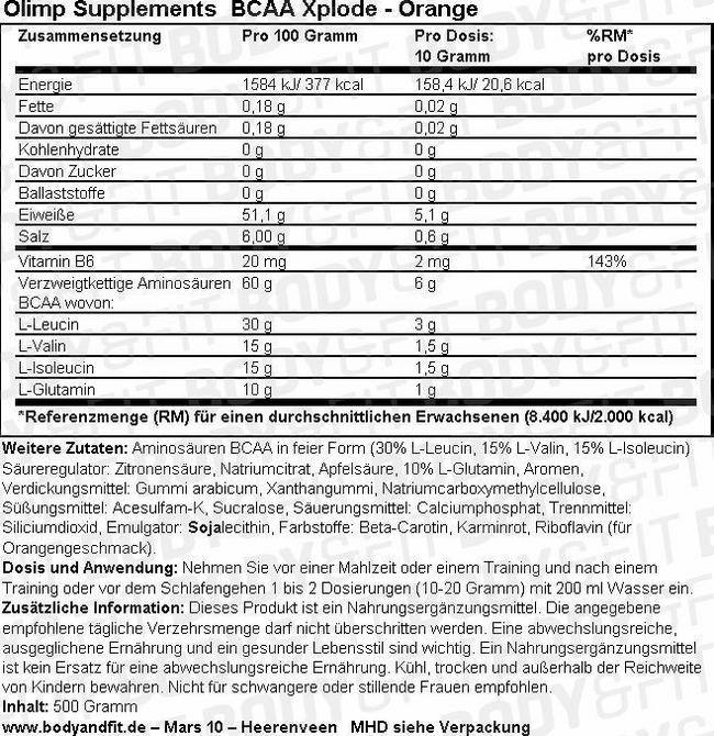BCAA Xplode Nutritional Information 1