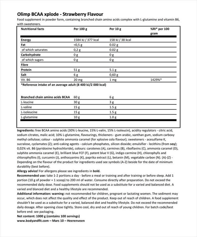 BCAA Xplode Nutritional Information 1