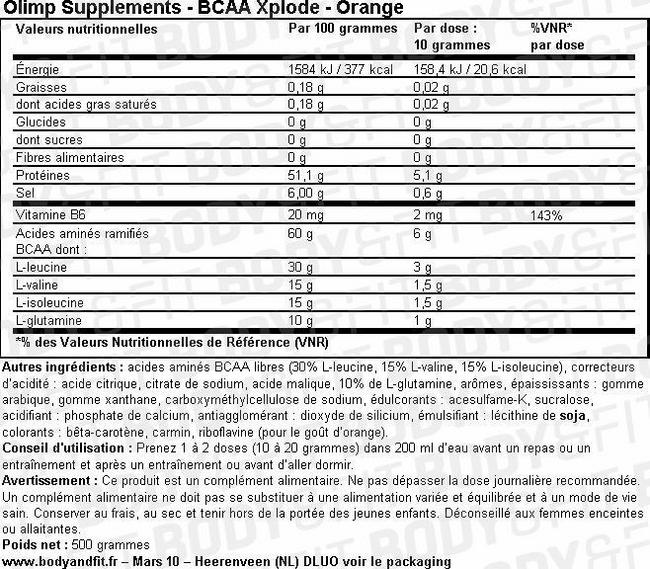 BCAA Xplode Nutritional Information 1