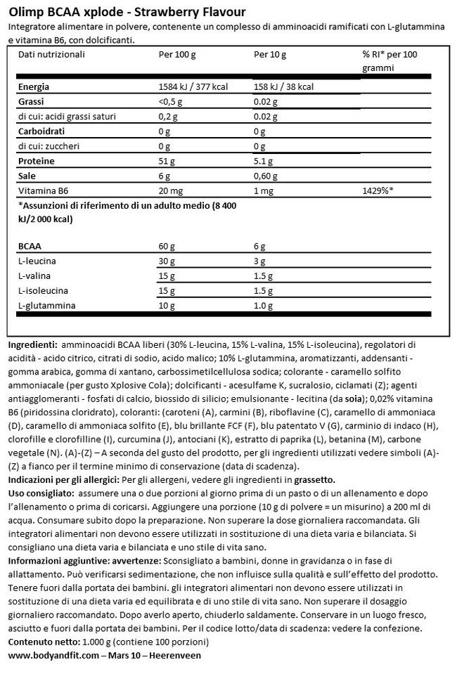 BCAA Xplode Nutritional Information 1
