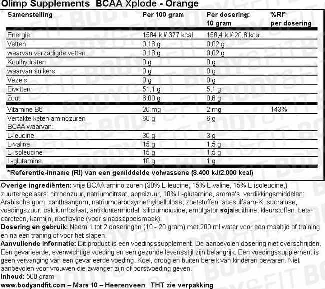 BCAA Xplode Nutritional Information 1