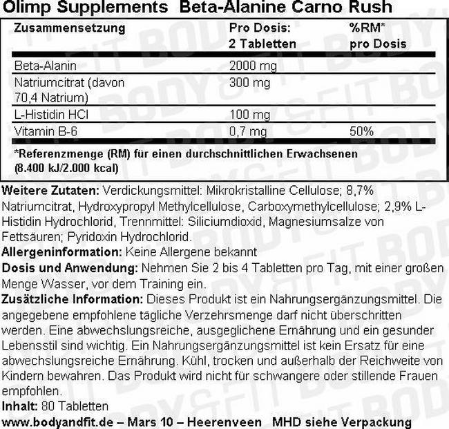 Beta-Alanine Carno Rush Nutritional Information 1