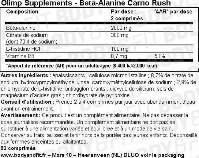 Beta-Alanine Carno Rush Nutritional Information 1