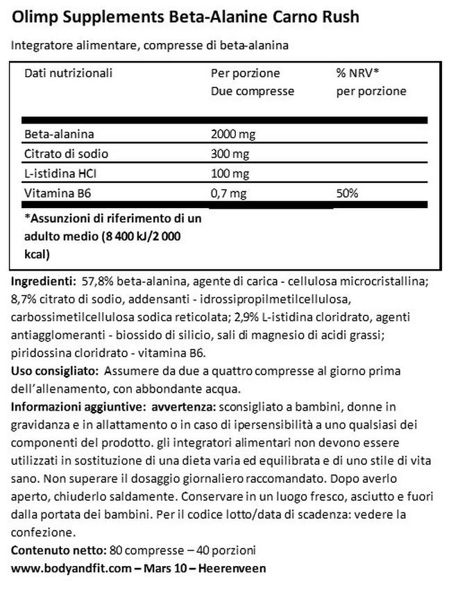 Beta-Alanine Carno Rush | Body & Fit Nutritional Information 1