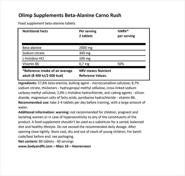 Beta-Alanine Carno Rush Nutritional Information 1