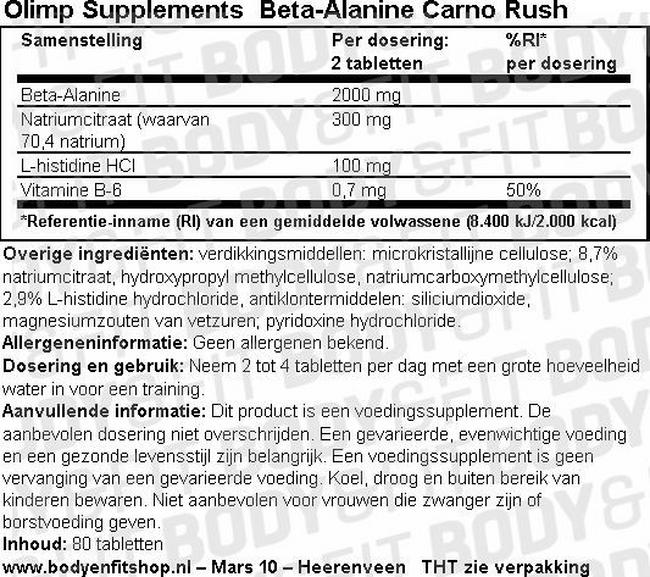 Beta-Alanine Carno Rush Nutritional Information 1