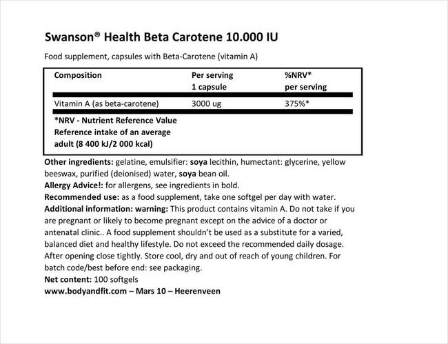 Beta Carotene 1 (Vitamin A) Nutritional Information 1
