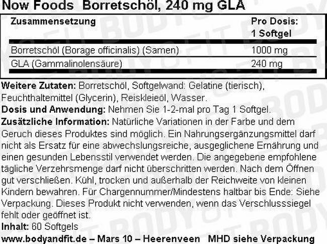 Borretschöl, 240mg GLA Nutritional Information 1
