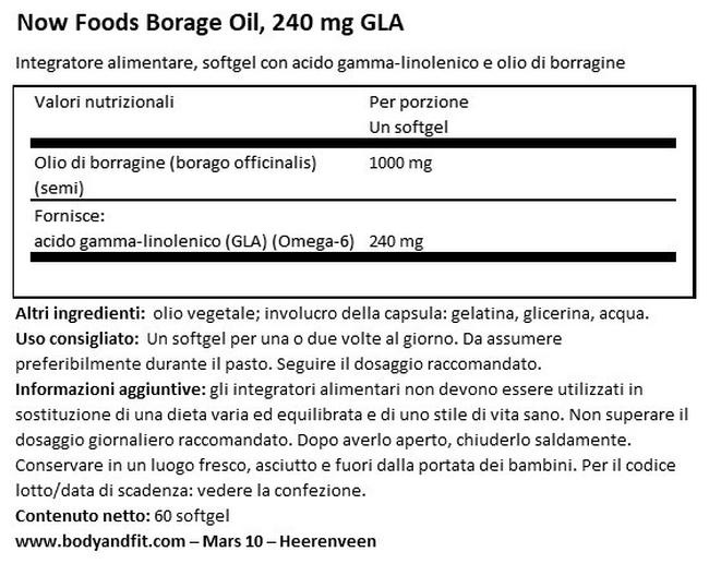Olio di borragine, 240 mg di GLA Nutritional Information 1