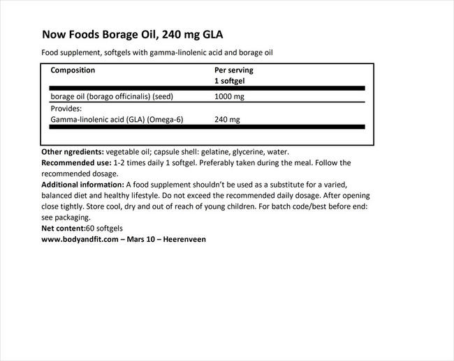 ボラージオイル 240mg GLA Nutritional Information 1