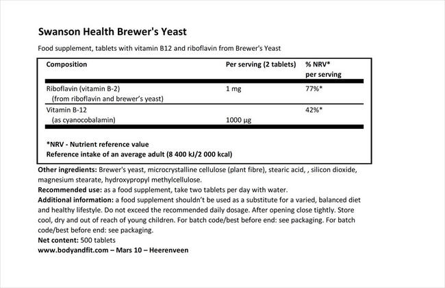 Brewer's Yeast 500mg Nutritional Information 1