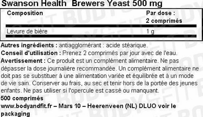 Brewers Yeast (levure de bière) 500mg Nutritional Information 1