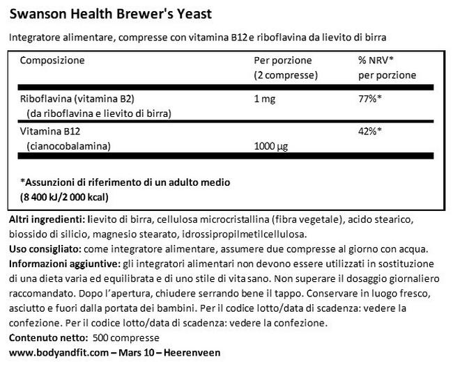 Brewer’s Yeast 500 mg Nutritional Information 1