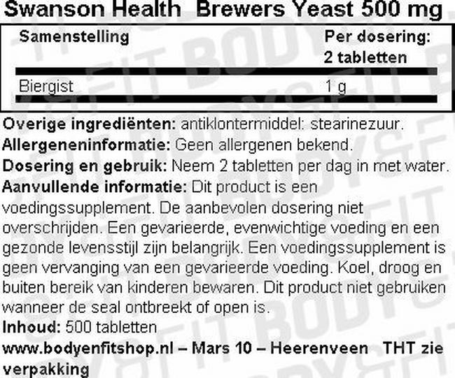 Brewers Yeast 500mg Nutritional Information 1